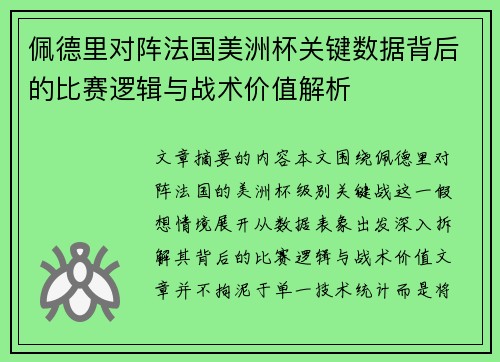 佩德里对阵法国美洲杯关键数据背后的比赛逻辑与战术价值解析