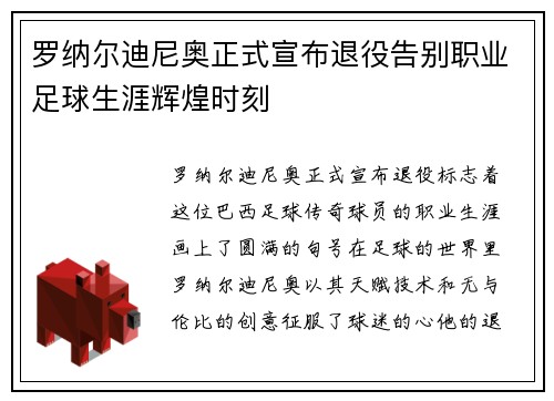 罗纳尔迪尼奥正式宣布退役告别职业足球生涯辉煌时刻 罗纳尔迪尼奥正式宣布退役告别职业足球生涯辉煌时刻